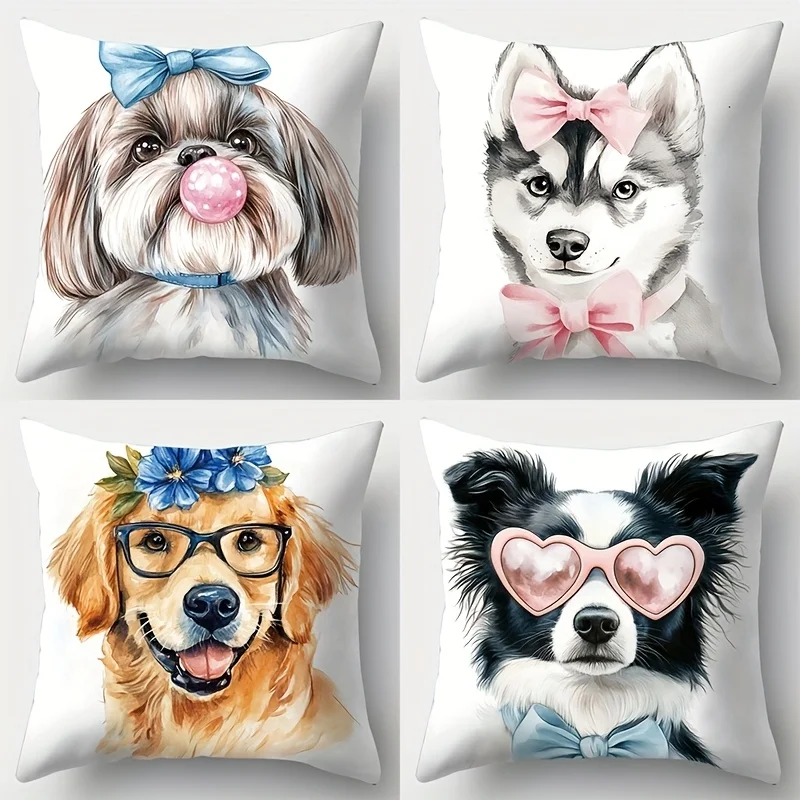 Cute Dog Portrait Pillowcase Set 4pcs Cushion Cover 40x40cm Pet Lover Home Decor Gift Prints for Sofa Couch Dog Mom Father Suppl