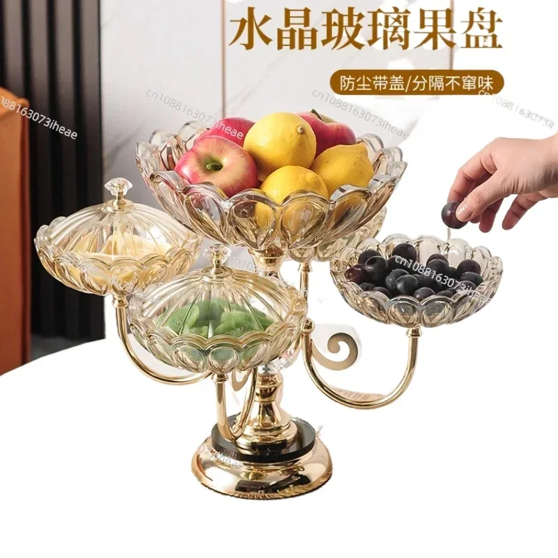 Crystal glass fruit plate with lid, family living room,coffee table,multi-layer snack plate,high-end multifunctional candy plate