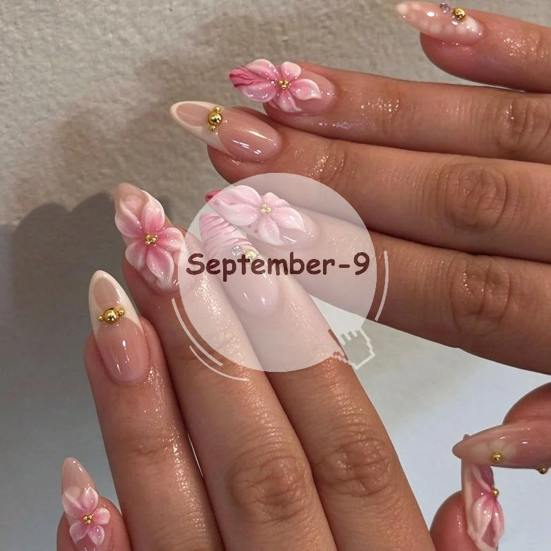 Trimable Sweet Pink Flower Fake Nails 24Pcs 3D Rhinestone Almond Press On False Nails for Casual Party Wear