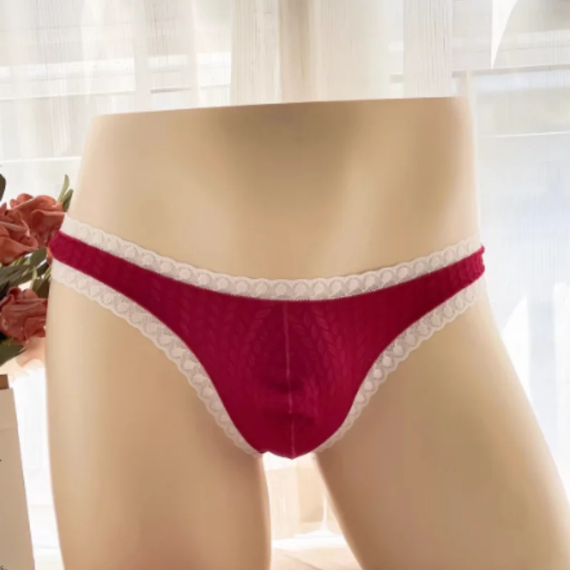 Men's Sexy Lace Thong Briefs Bulge Pouch Low Waist Bikini G String Panties Mesh Ultrathin T Back Crossdressing Underwear