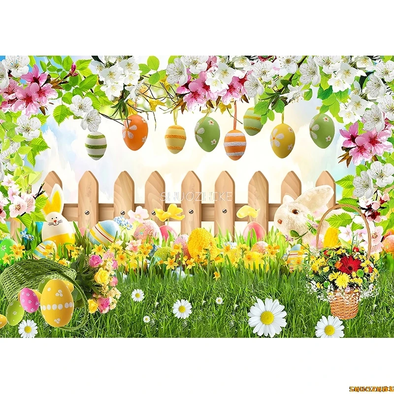 SHUOZHIKE Green Spring Easter Day Photography Backdrops Props Hare Rabbits Colorful Eggs Wood Photo Studio Background FJ-01