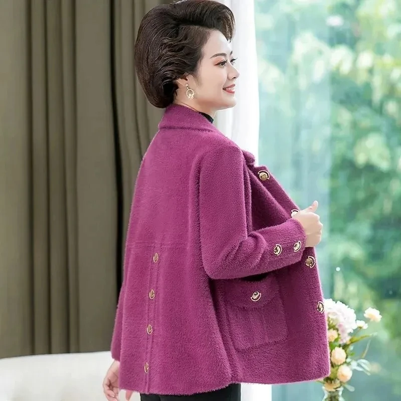 

Autumn Winter Imitation Mink Velvet Coat Middle Aged Elderly Mother Thick Knitted Jacket Large Size Loose Women Sweater Cardigan
