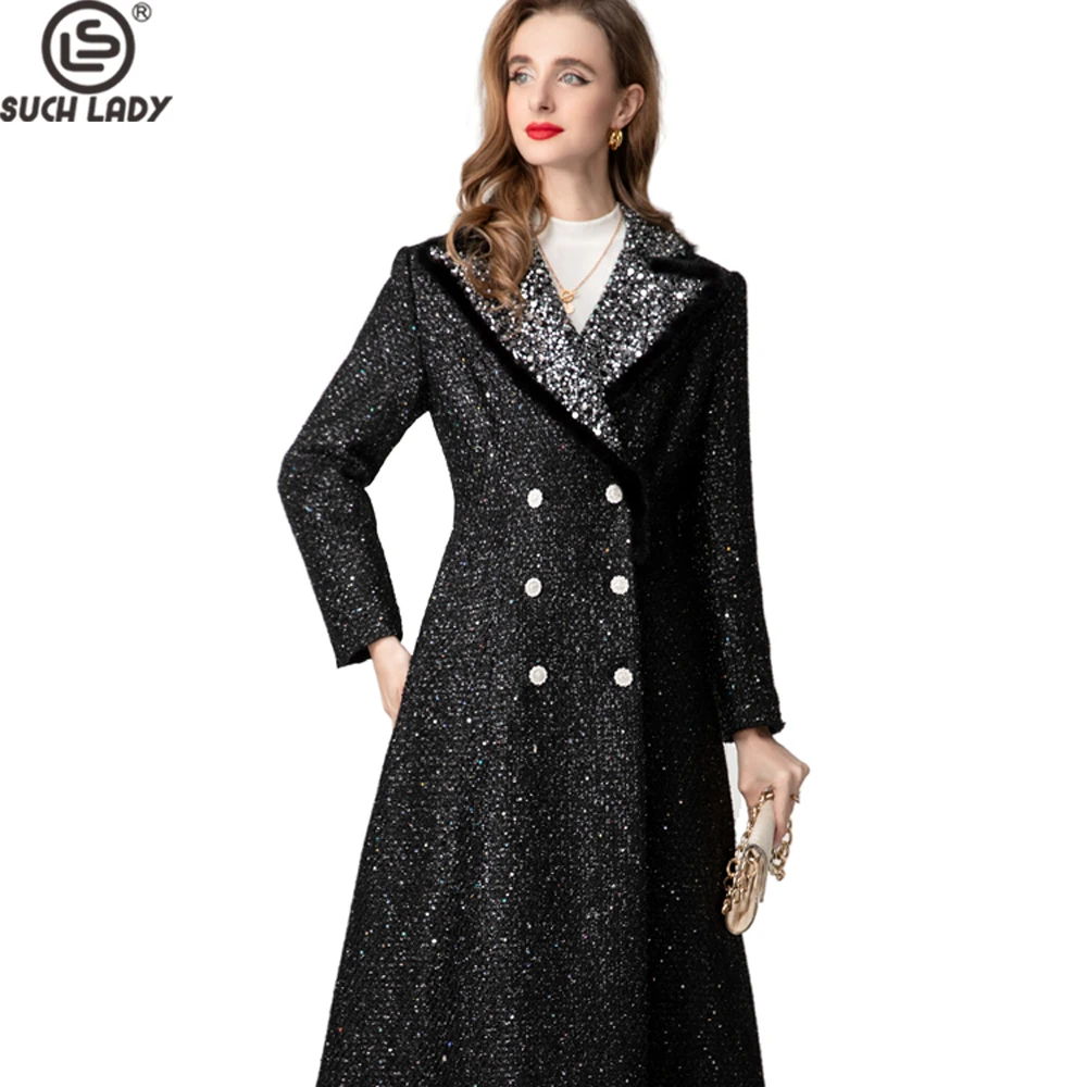 Stunning Black Glittery Sequin - Embellished Mid - length Double - Breasted Coat with Fur - Trimmed Shawl Collar for Fall/Winter