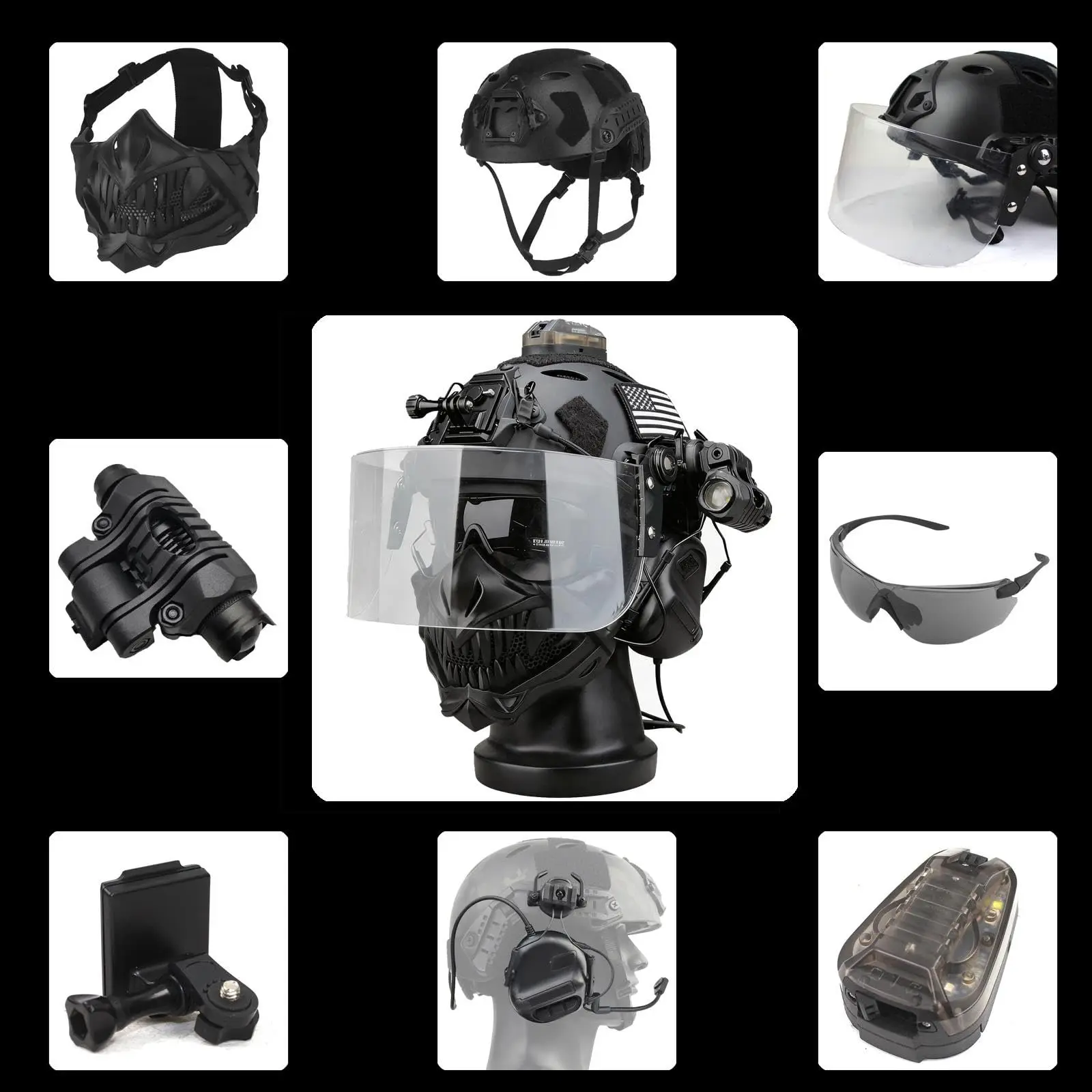8-in-1 Lightweight Airsoft Tactical Helmet Set with Mask Headset Goggles Signal Lights Adjustable Bump Helmet for Cosplay