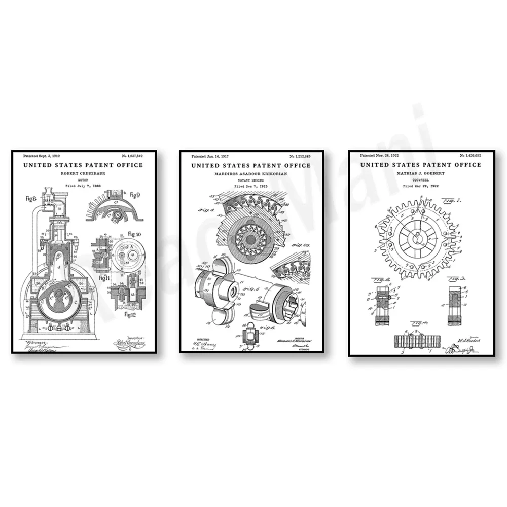Motor 1912 Patent, Gear Patent Print, Gear Invention, Rotary Car Engine, Engine Invention Blue, Mechanical Blueprint Poster