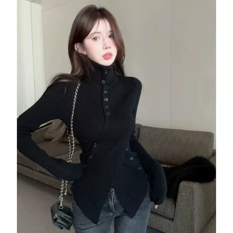 Temperament Waist Hugging Slimming Irregular Inner wear Knit Women Autumn and Winter Cross Turtleneck sweater Button Base Top