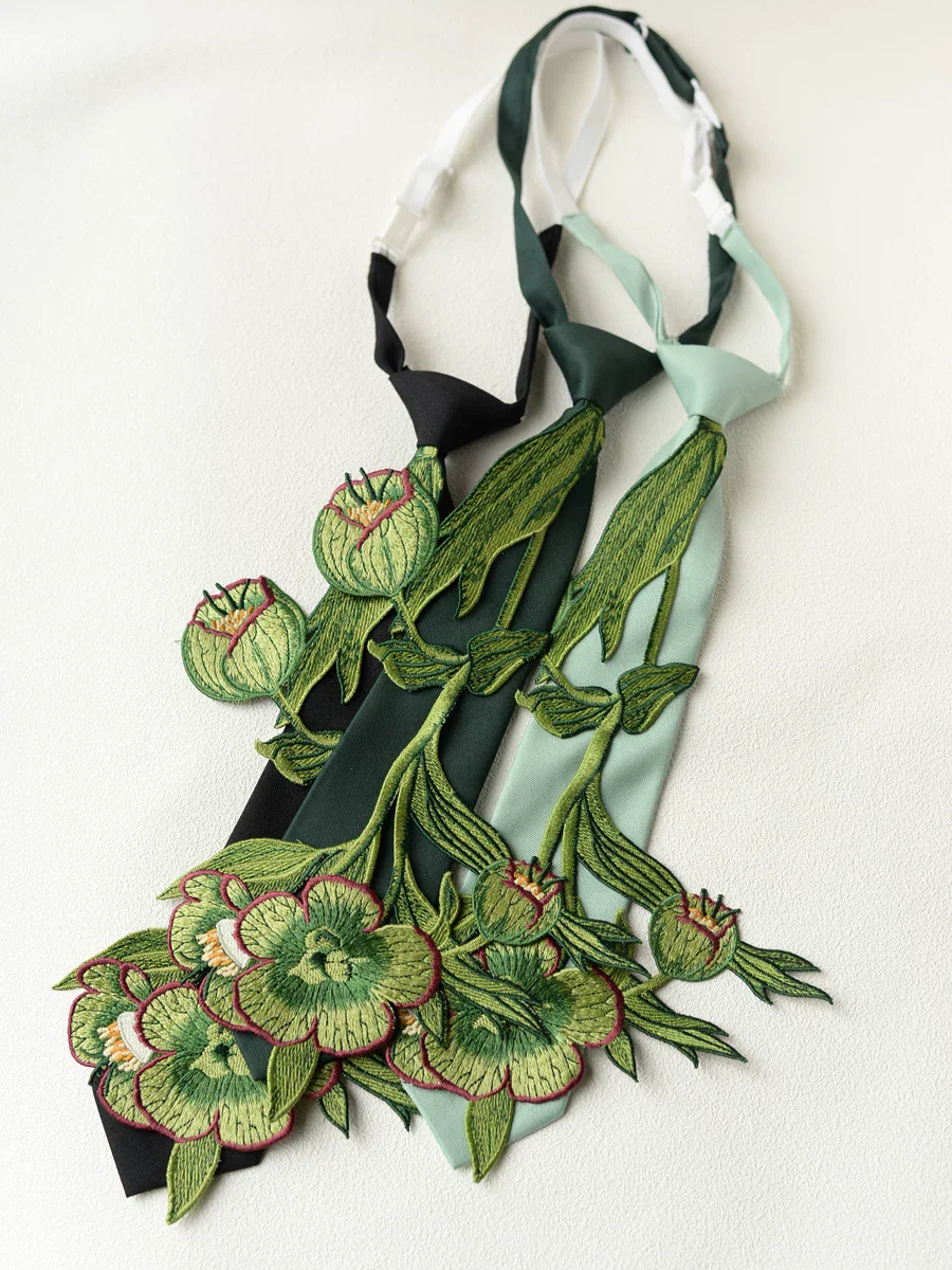 Women's Green Flower Embroidery Knot-Free Necktie Designer Tie for Shirts Boys Girls Performance Nightclub Accessory
