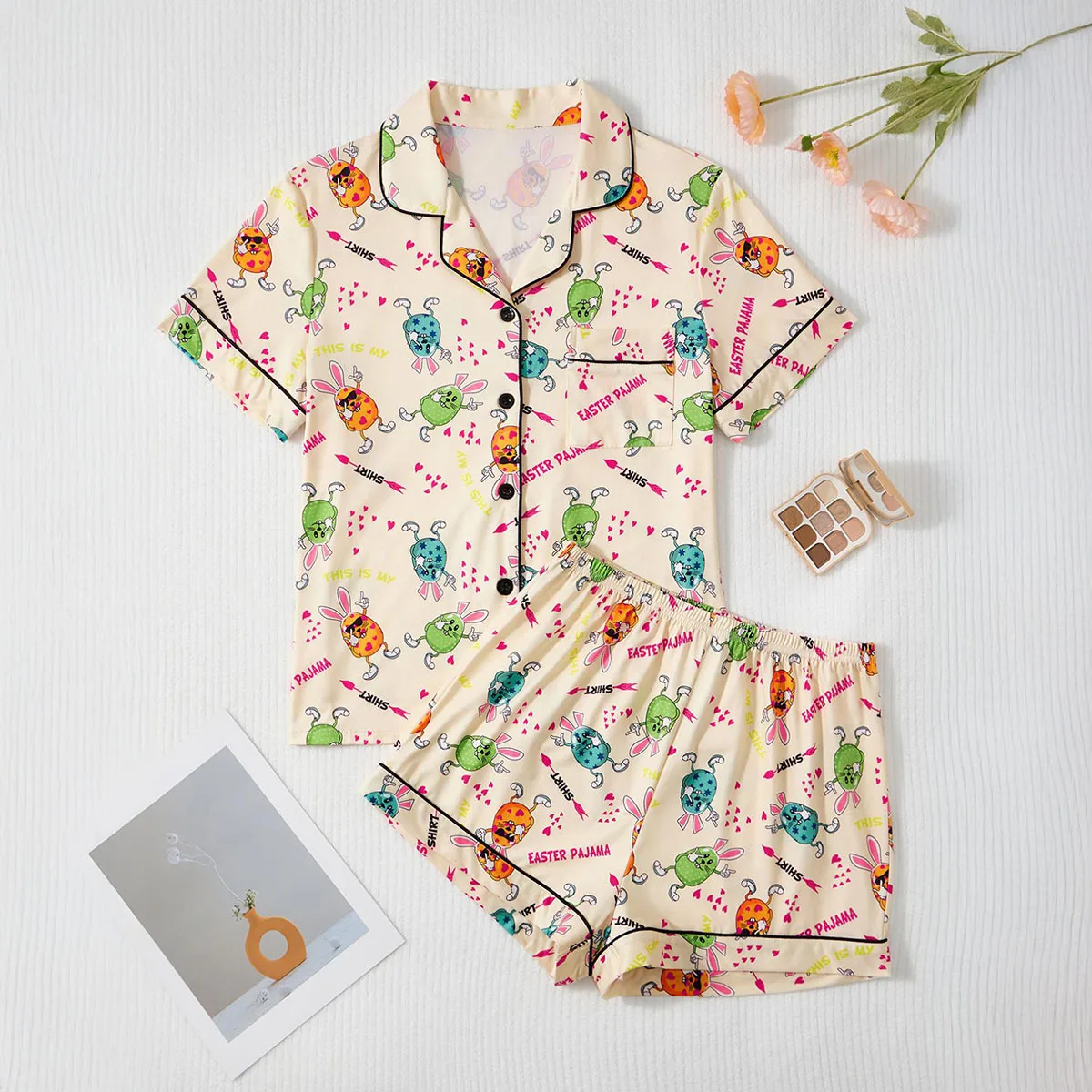 

Пасхальные пижамы для женщин и всей семьи: летние комплекты с коротким рукавом, с принтом кроликов и пасхальных яиц, очень мягкие, весенние, из 2 предметов