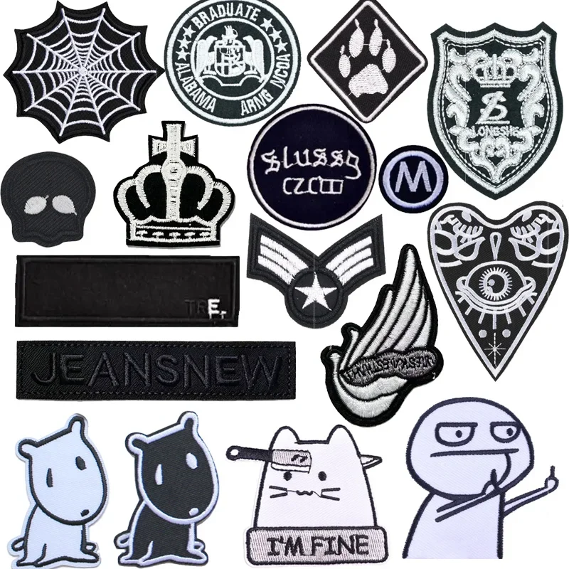 1pc Black Military Animal Crown Round Letter Embroidery Patches for Clothing Iron on Stripe Clothes Badge Appliques Army Sticker