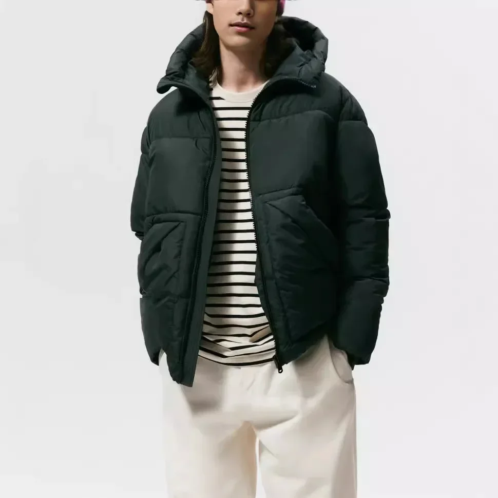 LIBIELIY Solid Color Stand-up Collar Hooded Padded Jacket, Men's Winter Fashion Warm Casual Zipper Simple Windproof Cotton-padde