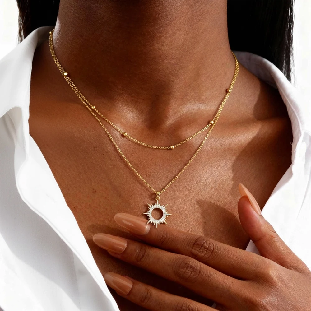 Monkton Dainty Gold Layered Sun Necklace for Women Sparkling Zircon Sunburst Pendant Necklace with Beaded Chain Jewelry