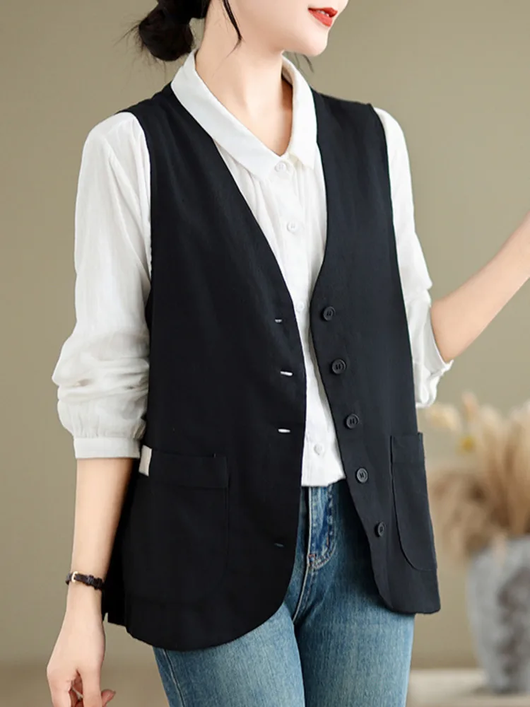 #5135 Black Beige Khaki Retro Cotton Linen Vest Coat Women V-neck Single Breasted Vintage Short Vest Waistcoat Thin Spring 2024