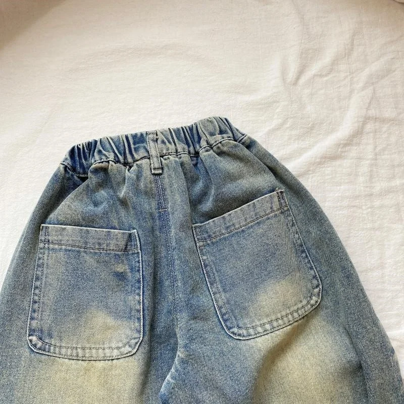 Pantaloni jeans per bambini Pantaloni primaverili e autunnali Pantaloni elasticizzati per ragazzi 2025 Pantaloni per piedi con stampa allentata per bambini nuovi da ragazzo 1 2 3 4 5 6 7 8T