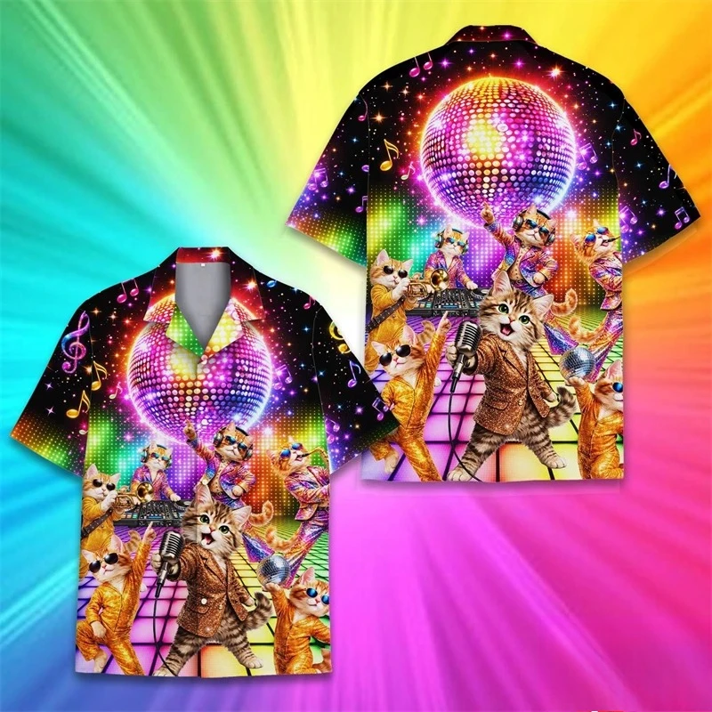 Recommended Popular Funny Neon Cat Pattern Hawaiian Shirt for Men's New 3D Printed Animal Summer Shirt
