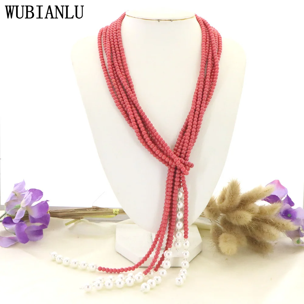 

Stunning Long Fashion High Quality Necklace Women In Choker Necklaces 127cm Pink Coral Pearl Necklace AAA Wholesale And Retail