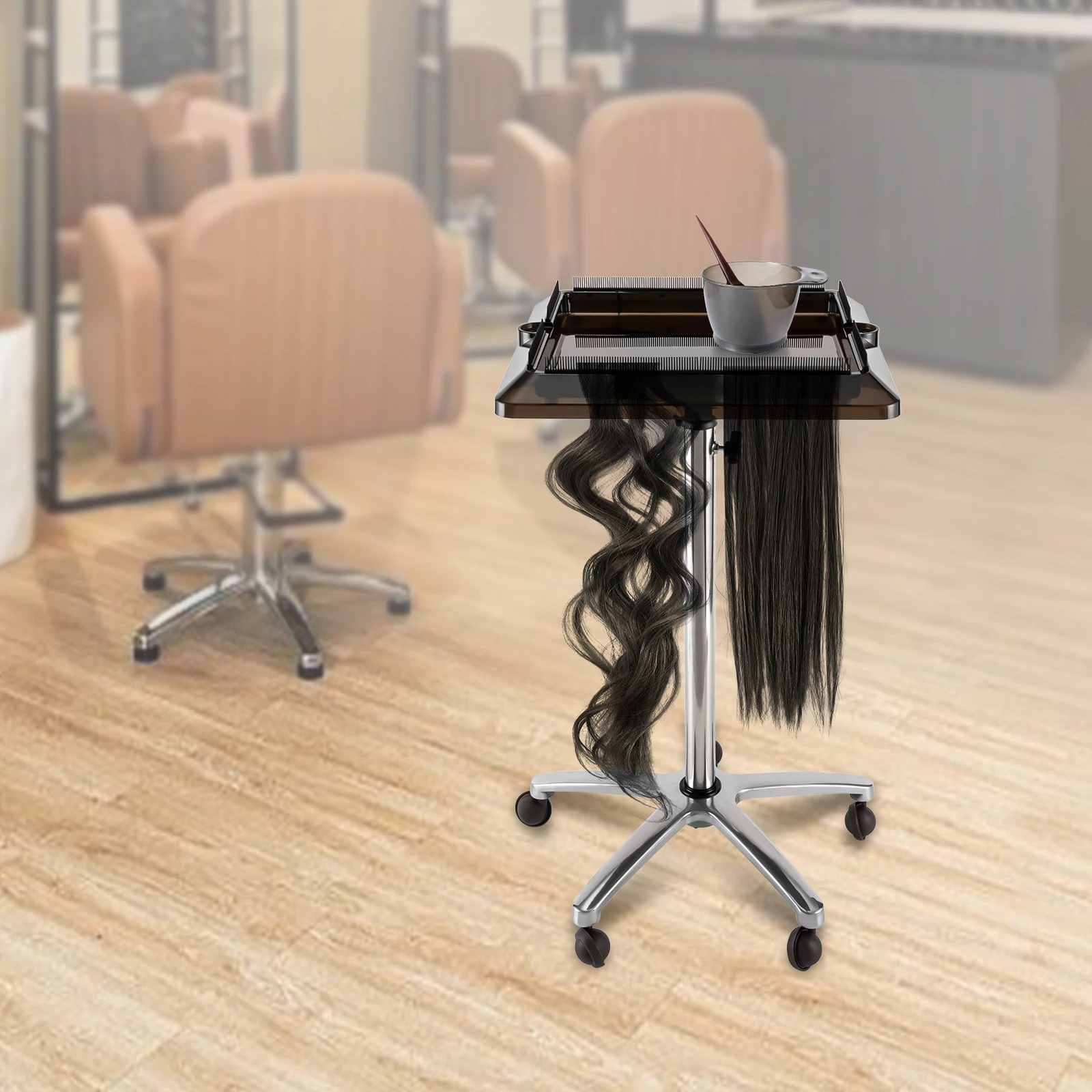 Adjustable Height Salon Tray Cart with Wheels Salon Rolling Tray Removable Hair Extension Tool Tray for Hairdressers Barber Tool