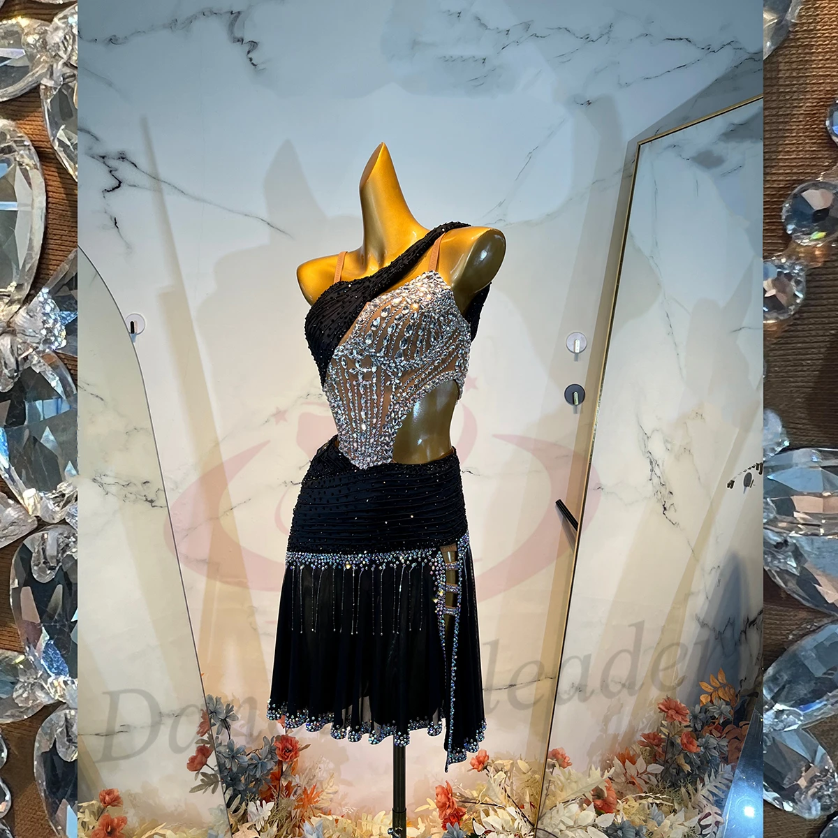 Latin Dance Adult Children'S Dress AB Stone High-End Custom Hollow Splicing Color Mesh Skirt Tango Women'S Clothing