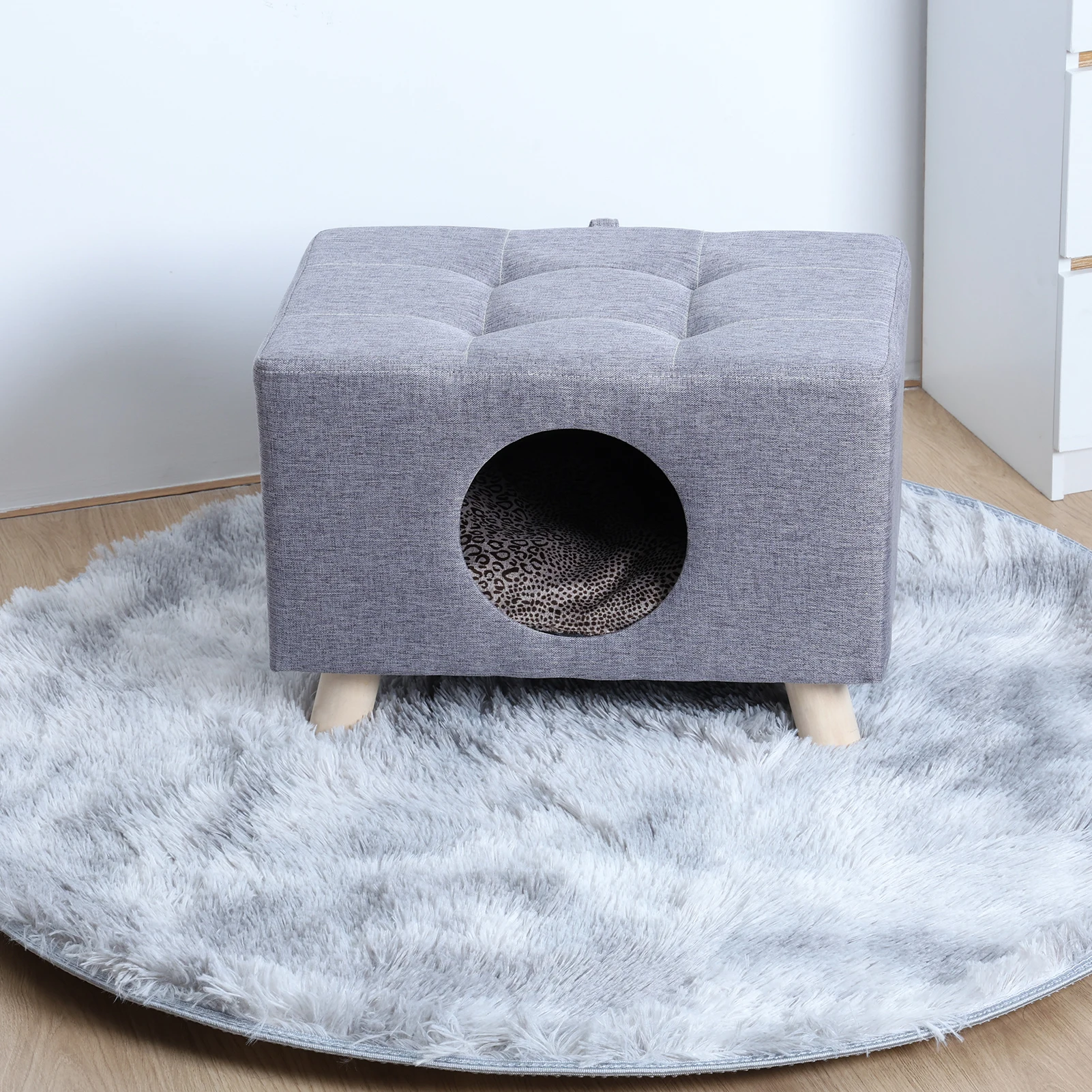 Cat Nest, Pet House Bench, Wood Pet House Cat Cave with Mat, Pet House Foot Rest Stool with Cushion, Cube House for Cats dogs