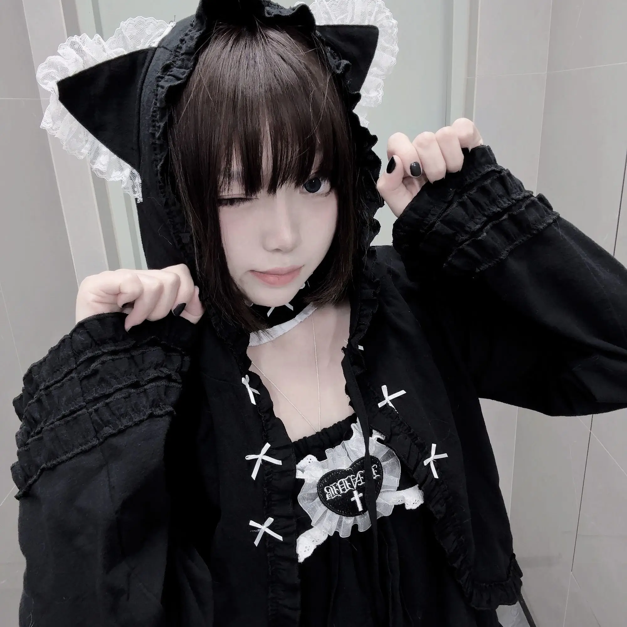 Kimutomo Women Cat Ear Hooded Cotton Cardigan Cute Lace Trim Short Jacket Casual Versatile Outerwear Sweet Kawaii Style Coat