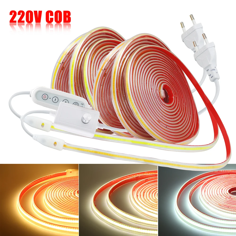 220V 4key Dimmer Switch COB Led Strip Light Power Kit 3000K 4000K 6000K 1m 5m 10m 20m 30m 40m 0.5m 288 LEDs Flex Clear Tube Lamp