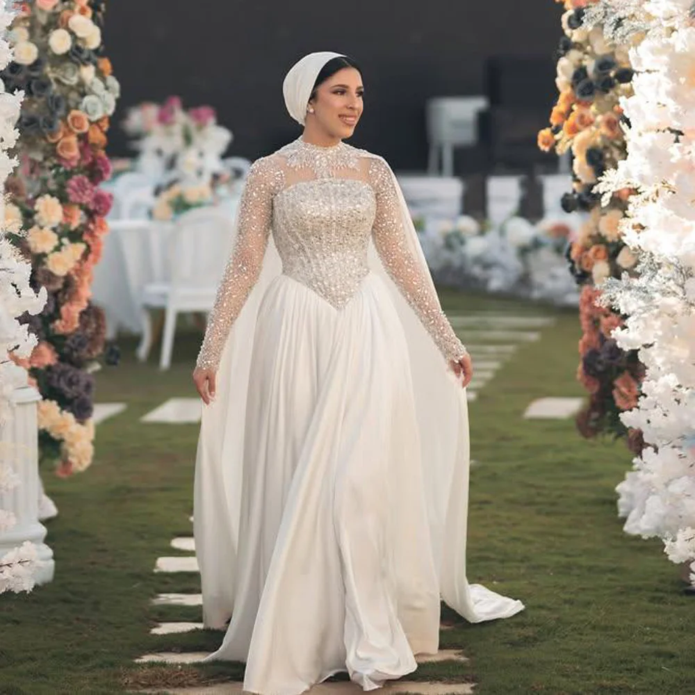 

Customized Sequin A Line Muslim Wedding Dress with Cape High Neck Mesh Sleeve Bridal Gown Dropped Chiffon Spring vestidos de