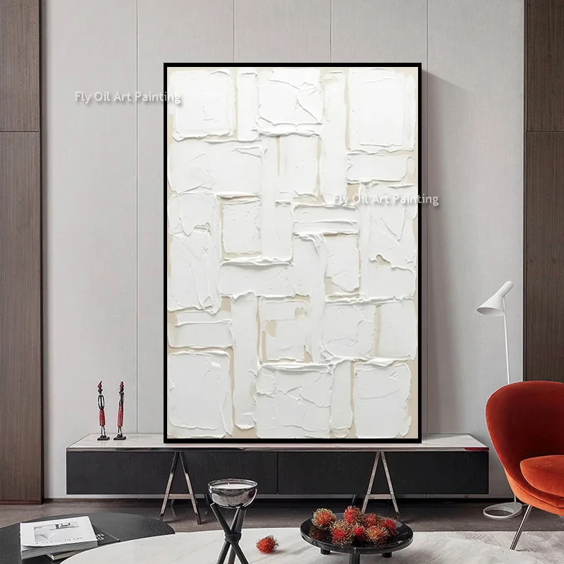 Minimalist 3D Plaster Texture Abstract Canvas, Hand‑Painted Off‑White Block Oil Painting, Wabi‑Sabi Large Vertical Wall Decor