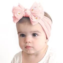 New 1PCS Small Daisy Flower Baby Girls Headwraps Double Lace Mesh Bows Newborn Toddler Headband Nylon Soft Kids Headwear