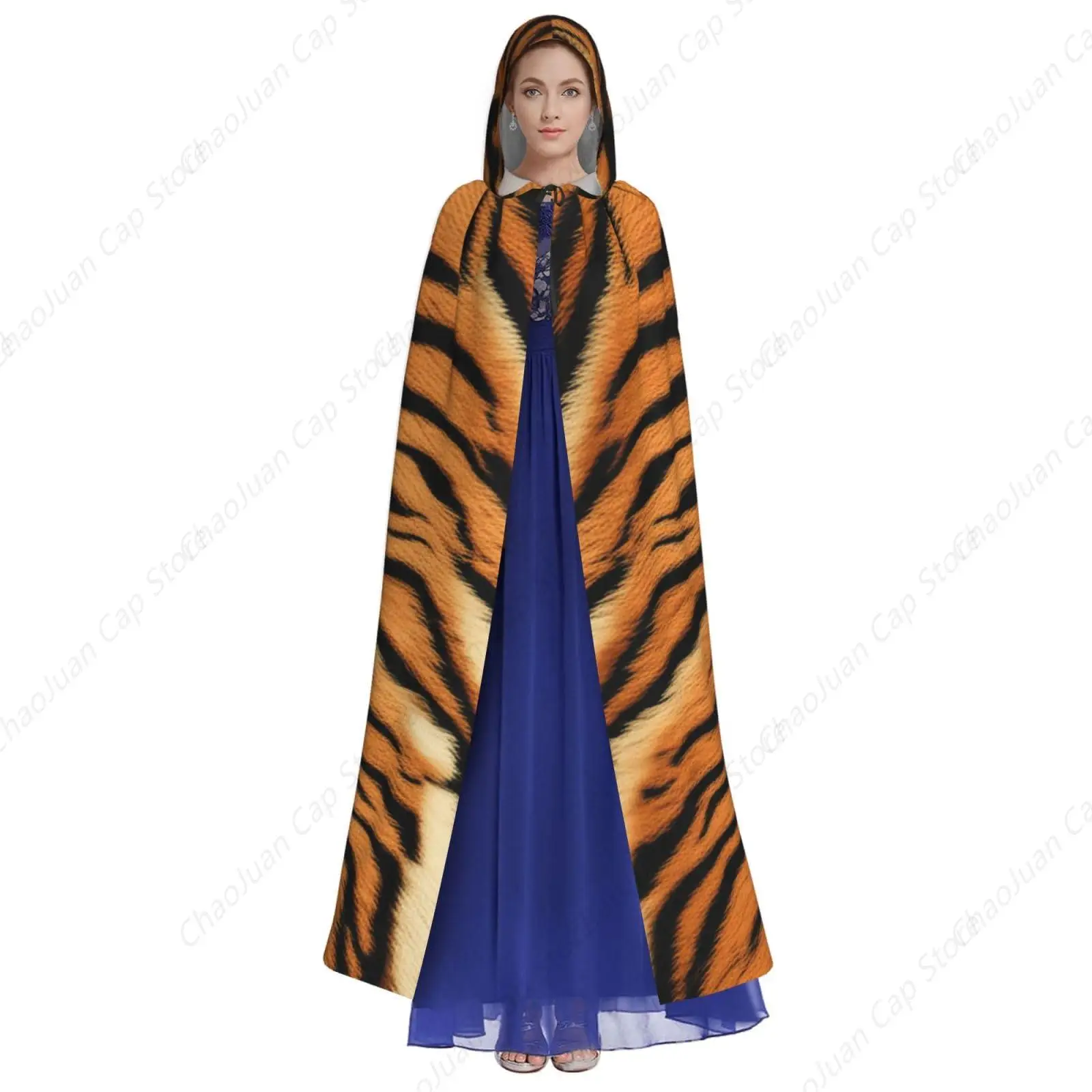 Wild Tiger Hooded Cloak Trendy Tiger Print Hooded Cape Orange and Black Striped Animal Fur Pattern Cape for Cosplay Costumes
