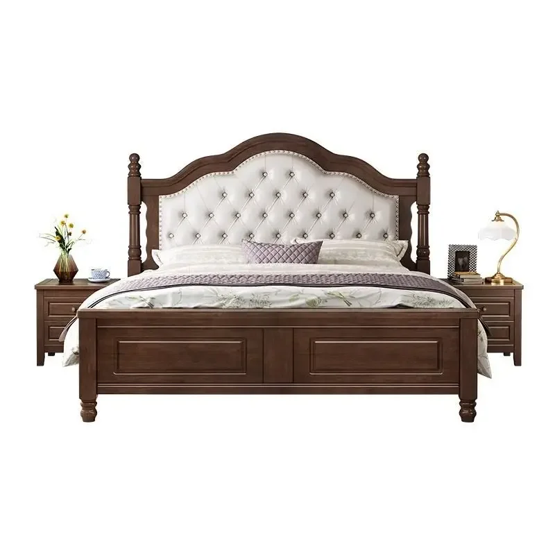 Retro American Solid Wood Double Bed 1.8M 1.5M Floor Protection Noise Free Sturdy Construction Space Saving Anti-Tip Design