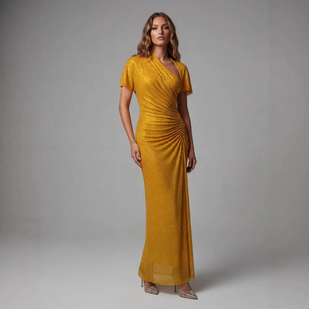 

Elegant Asymmetrical Collar Diamonds Embellished Mesh Pleated Short Sleeve Bodycon Long Dress Slim Dresses Evening Party Gown