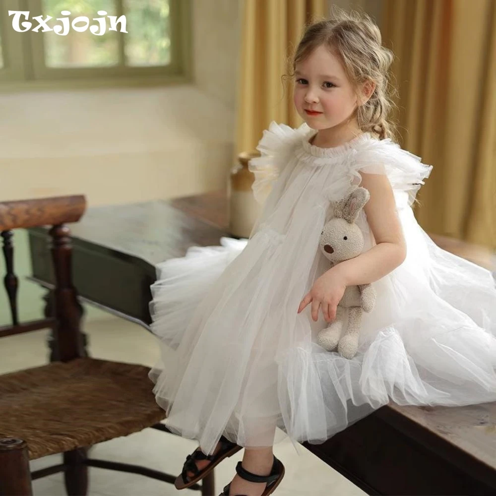 2025 New Romantic Graceful Kids Princess Gown For Birthday Party Cute Classic White Tulle Sleeveless Girl Dresses Host Costume