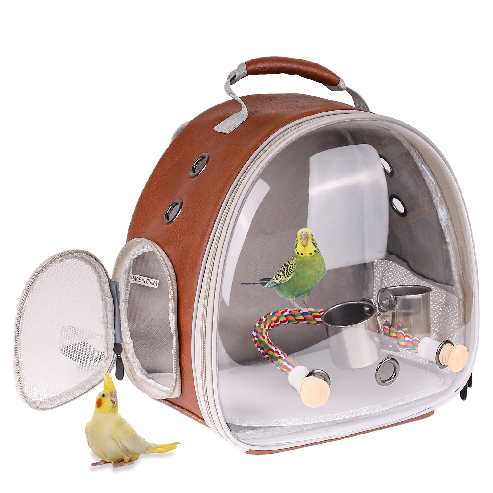 

Brown Leather Bird Bag Strap Pattern Stand Pole Double Pocket Bird Walking Bag