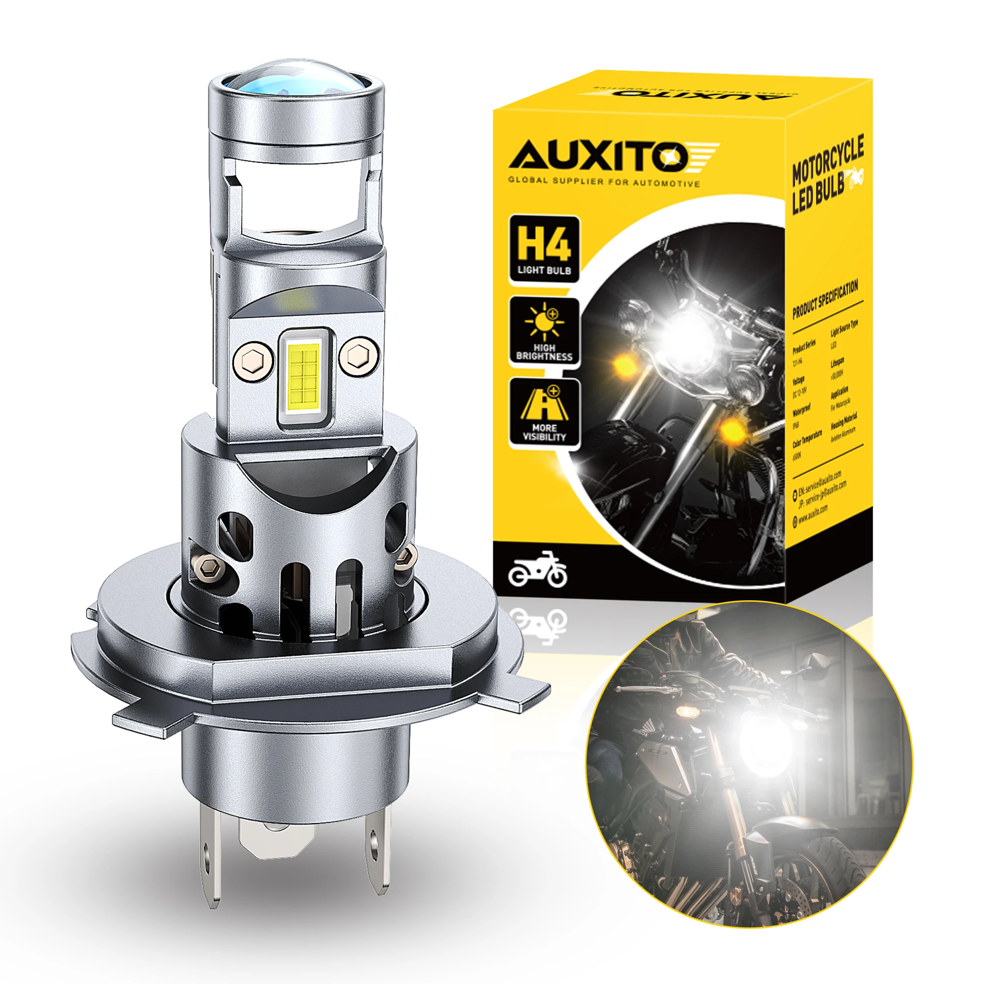 AUXITO H4 LED Spotlight for Motorcycles Headlight Canbus 20W 10000LM Super White Moto Headlamp Bulbs 12V Projector with HD Lens