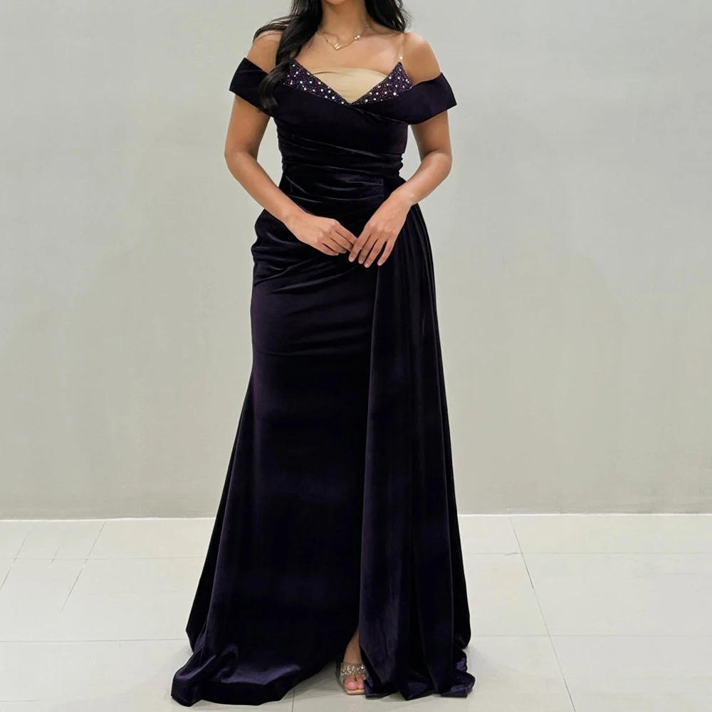 Customized A-line Evening Dresses Floor-length Off The Shoulder Sleeveless Prom Gown Fashion Crystal Simple Draped Party Gown
