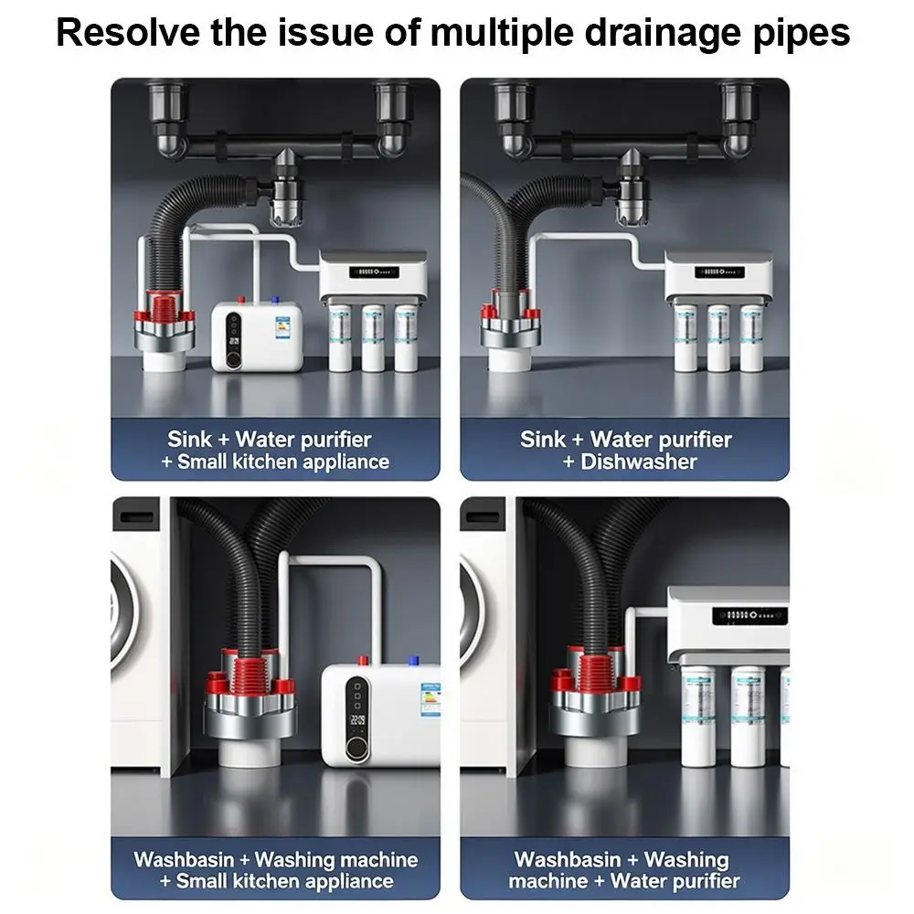 Anti Odor Sink Drain Pipe Adapter Sealing Ring Multifunctional Kitchen Basin Sewer Branch 4 in 1 Dishwasher Water Pipe Connector