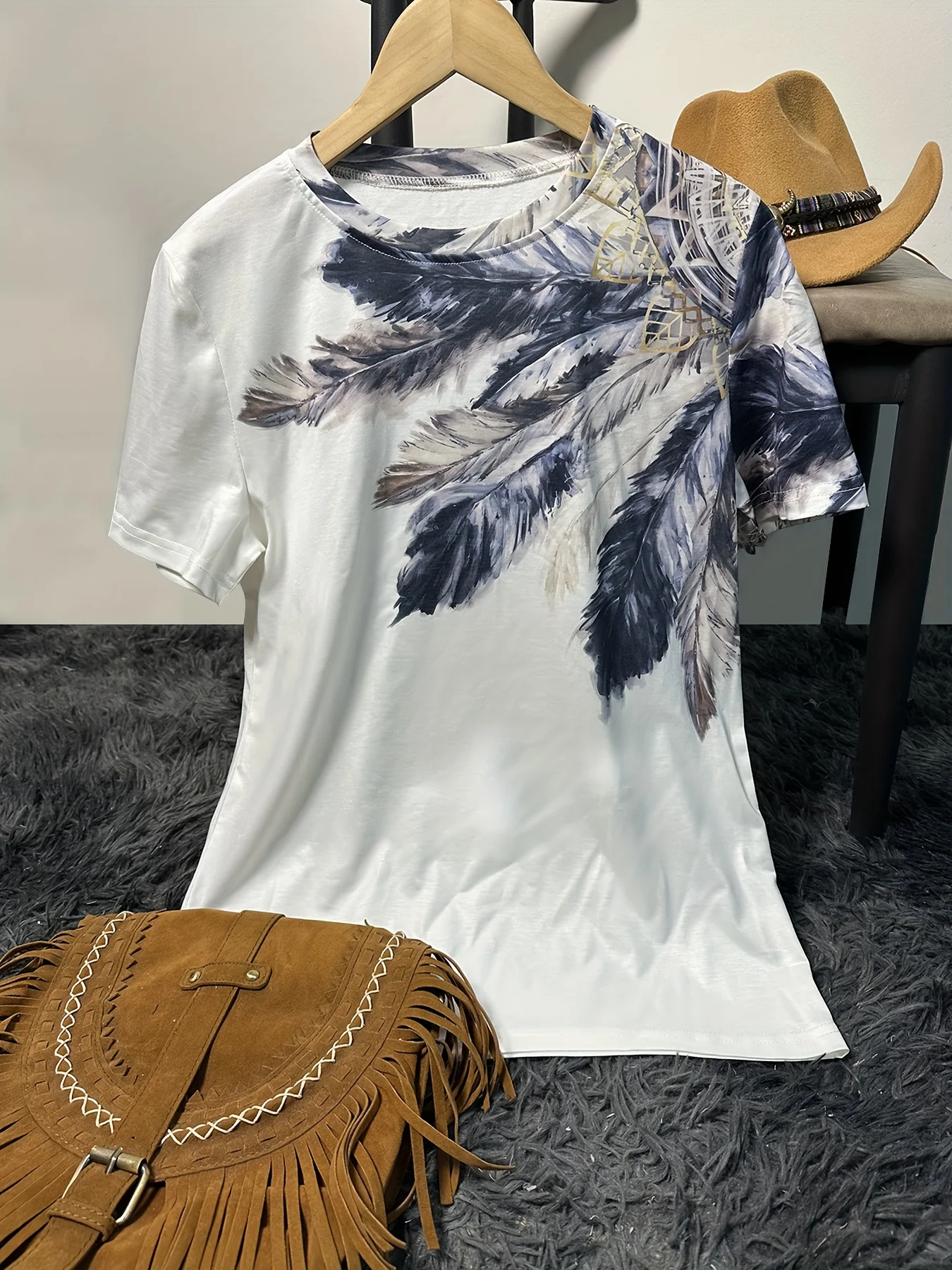 تي شيرت نسائي بأكمام قصيرة مطبوع على الطراز الغربي كاجوال برقبة دائرية ومطبوع بأكمام قصيرة #2