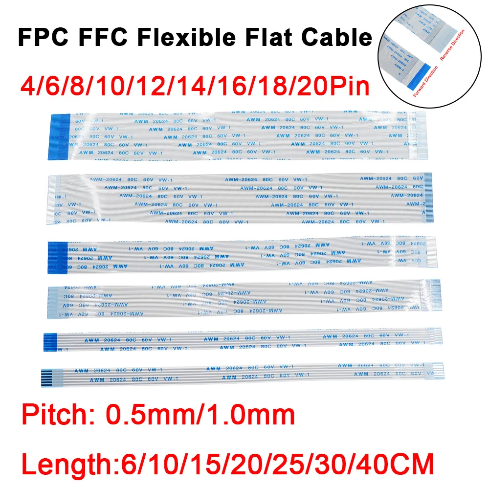 10PCS FPC FFC Ribbon Flexible Flat Cable 4/6/8/10/12/14/16/18/20 Pin Pitch 0.5MM 1.0MM A-Type Wire Length 6/10/15/20/25/30/40 CM