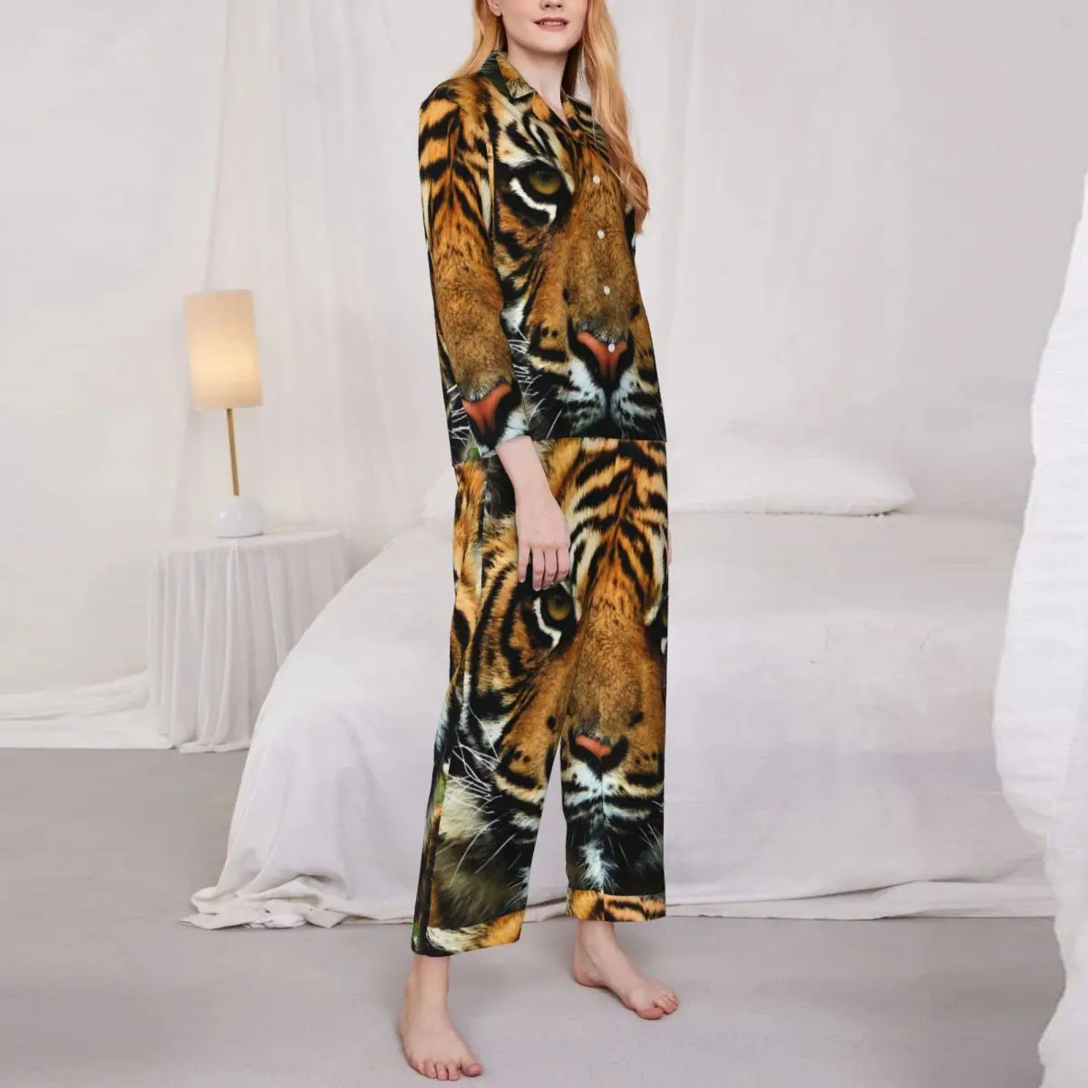 

Tiger Print Pajama Set Spring Animal Fashion Room Sleepwear Women 2 Pieces Aesthetic Oversized Home Suit Birthday Present