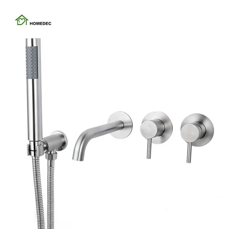 

304 Stainless Steel Brushed Silver Wall Mounted Hot And Cold Mixer Bathroom Shower Faucet Set With Spout
