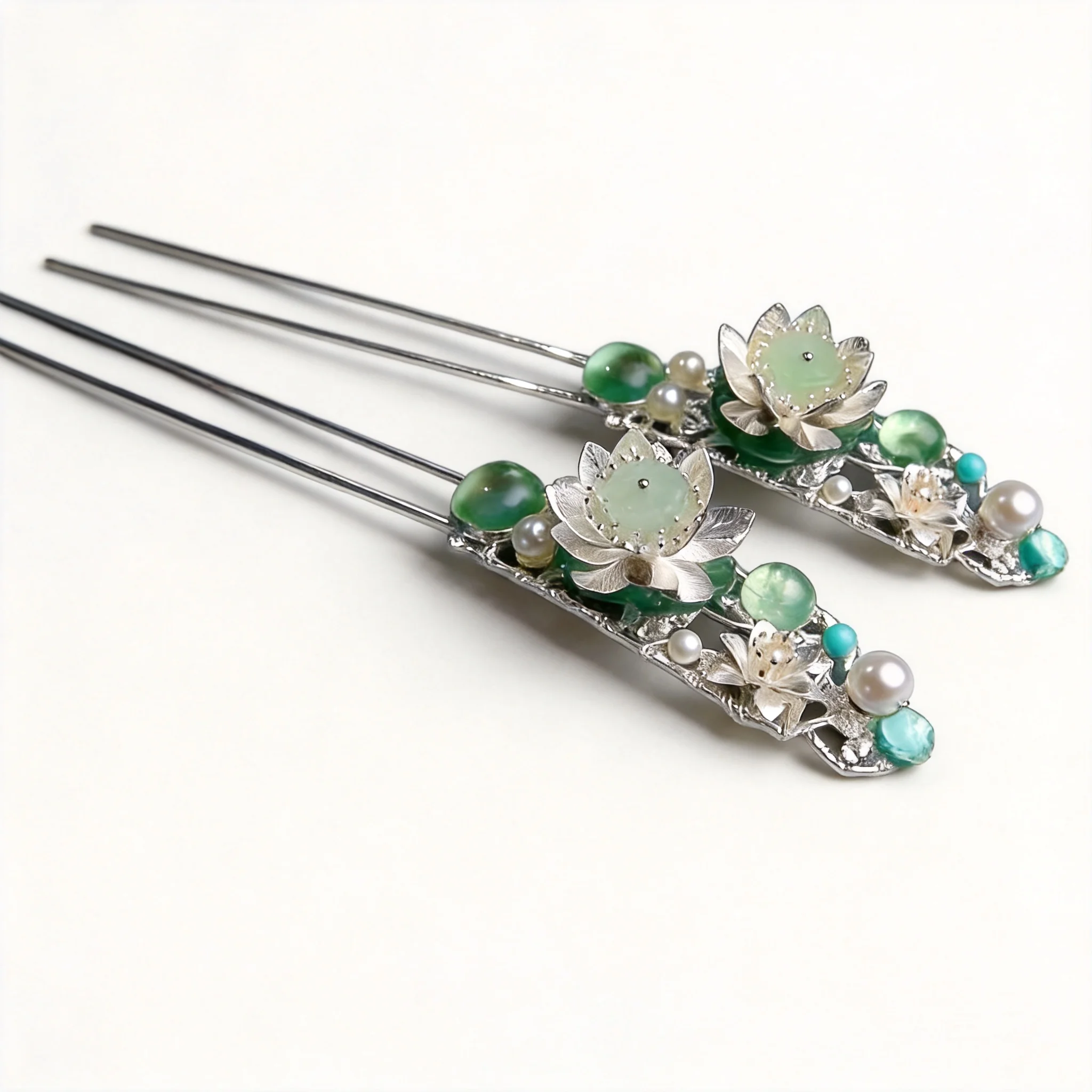 Chinese Style Vintage Auspicious Lotus Hairpin Silver Tone Green Beads Faux Pearl U Shaped Hair Stick For Women Hanfu Cosplay