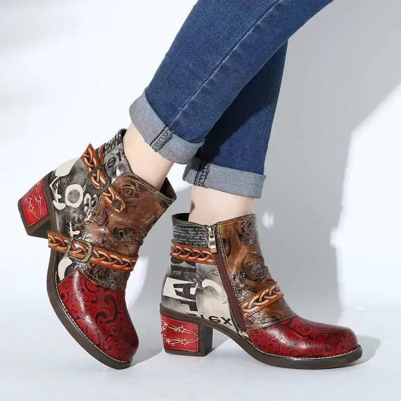 Bohemian Women Ankle Boots Casual Retro Ethnic Style Printing High Heels Shoes  Autumn New Belt Buckle Leather Short Booties