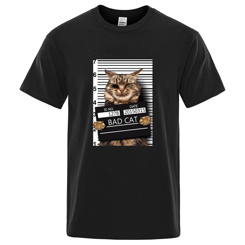 Sommer Herren Hochwertiges T-Shirt Baumwollmischung Lustiges Kriminelle-Katzen-Muster Bedruckt Lässiges Cooles O-Ausschnitt T-Shirt Lockeres Herren-Oberteil
