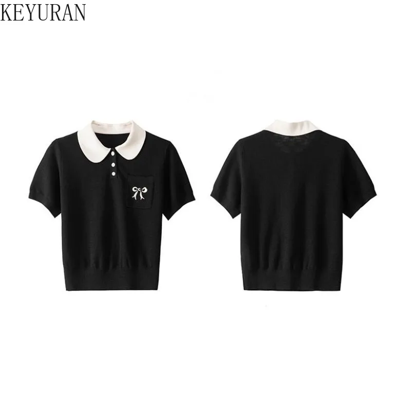 2024 Summer Short Sleeve Sweater Women Knit T-shirt Vintage Bow Embroidery Peter Pan Collar Contrast Color Pullover Crop Top Tee