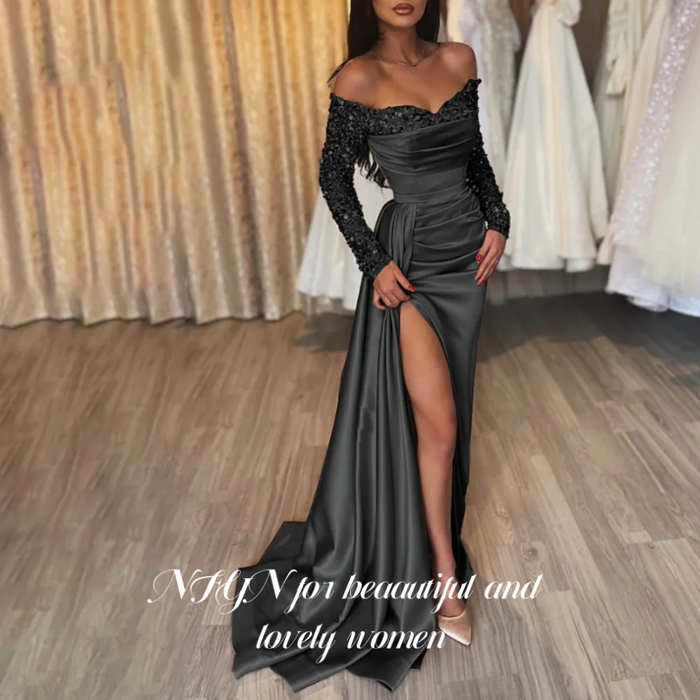 NFYN Shining Full Sleeves Gold Party Dress Side Split Prom Dress Off the Shoulder Sequin Evening Dress Stain Mermaid Customized image 6