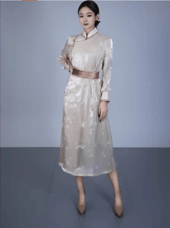 

Chinese Mongolian Element Women's Satin Long Shirt Spring and Autumn Thin Dress