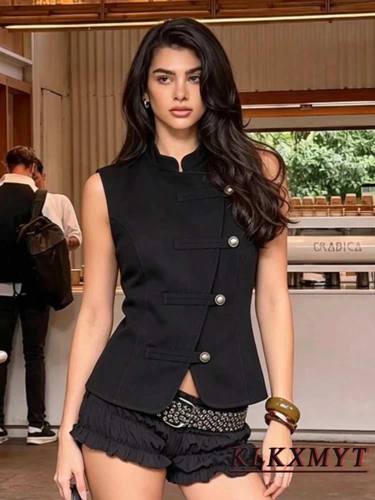 Women's Fashion Vest Elegant O-Neck Asymmetry Single-Breasted Decoration Vest Top Ladies Casual Cropped Sleeveless Vests