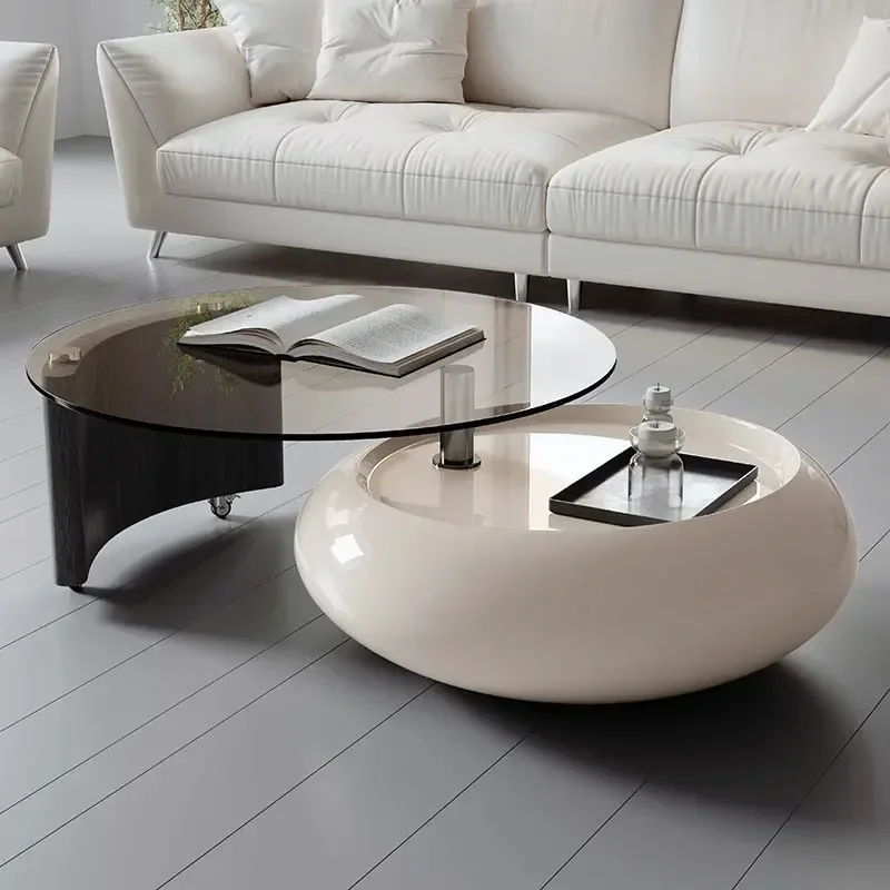 

56 Modern cream wind rotating coffee table round tempered glass combination Italian minimalist high sense