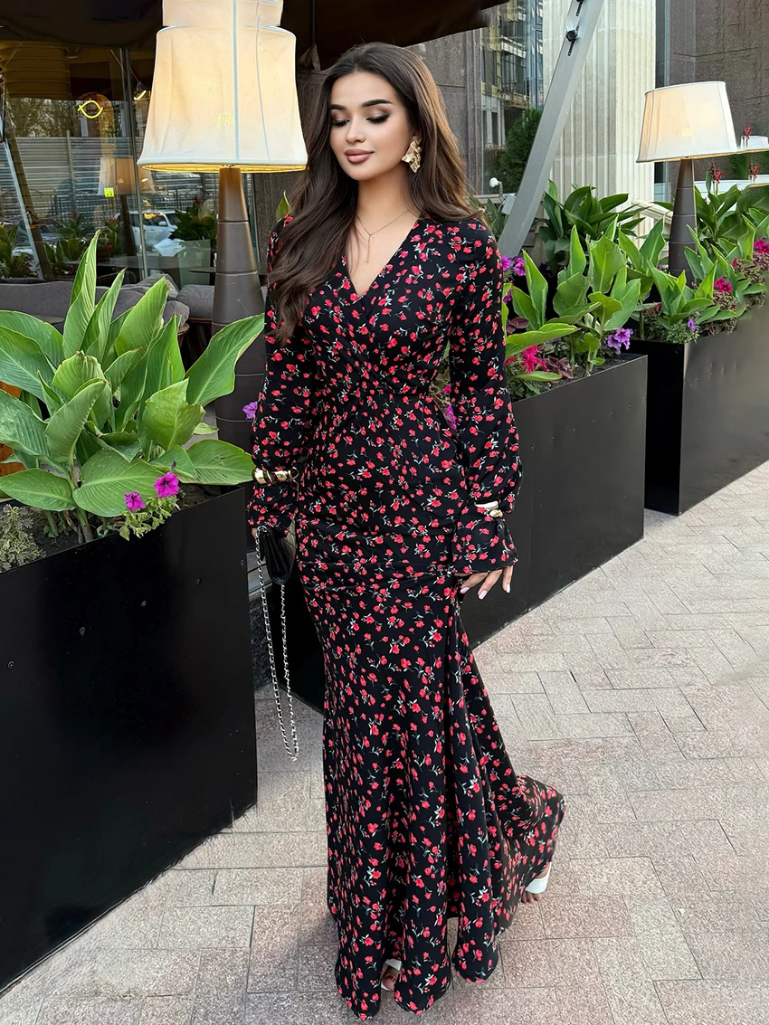 

Marthaqiqi Winter Female Nightwear Long Sleeve Sleepwear Sexy V-Neck Nightgowns Ankle-Length Dress Fashion Women Pajama Printing