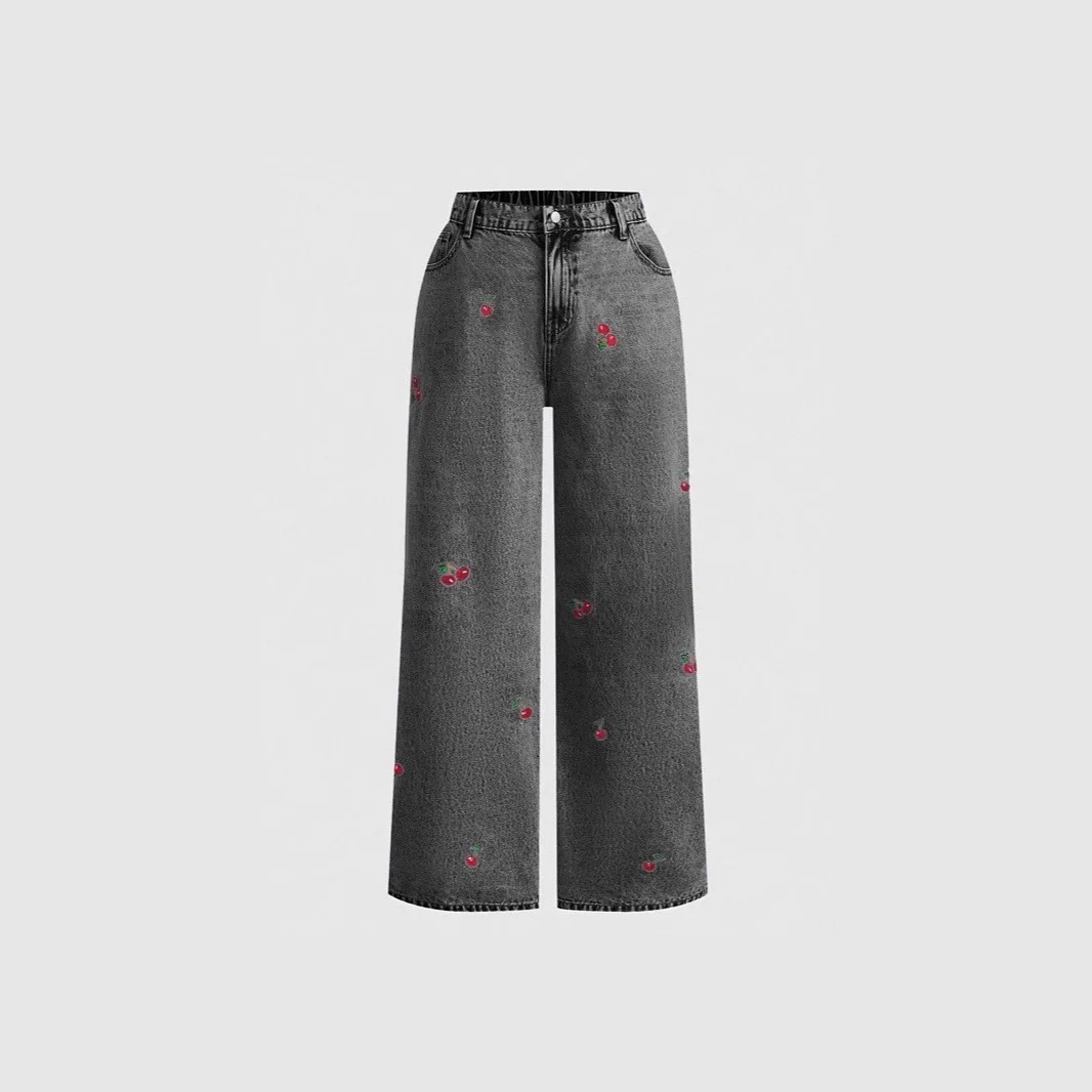 Trendy Cherry Print Wide Leg Jeans for Women High Waist Loose Fit Casual Denim Trousers