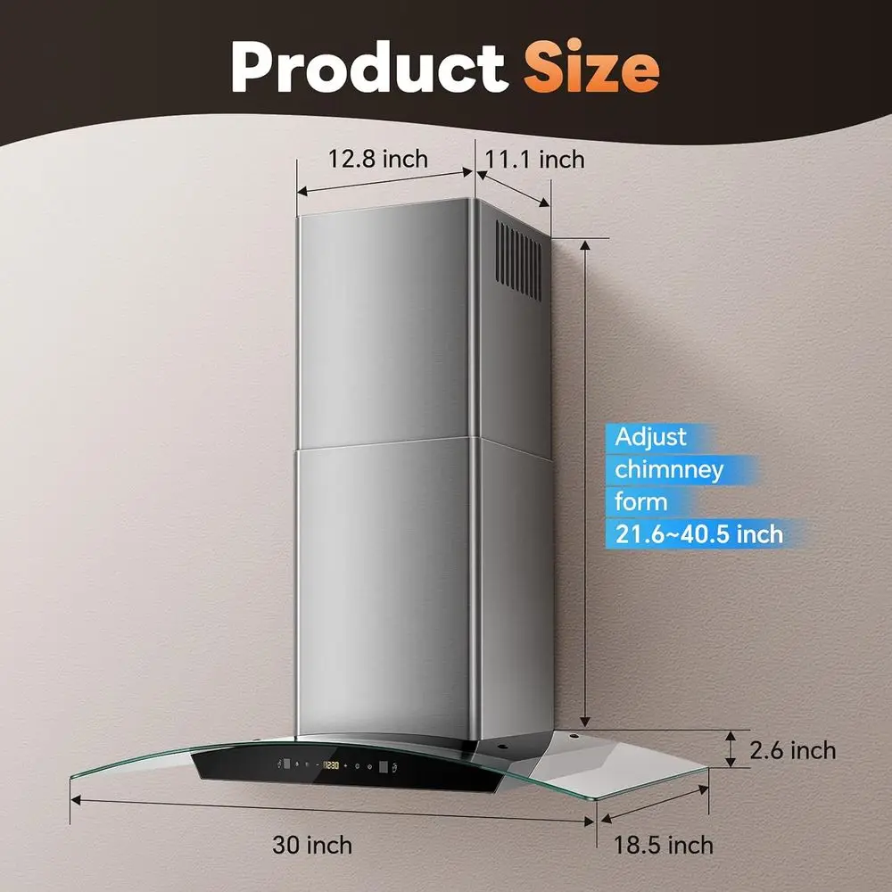 Okap kuchenny 76 cm (30 cali) do montażu ściennego z możliwością konwersji na okap kominowy/konewerter, komin ze stali nierdzewnej i filtry przeciwmgielne, sterowanie dotykowe